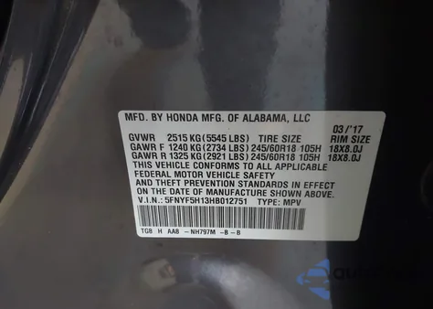 2017 Honda Pilot Lx z USA, uszkodzony, nr VIN 5FNYF5H13HB012751